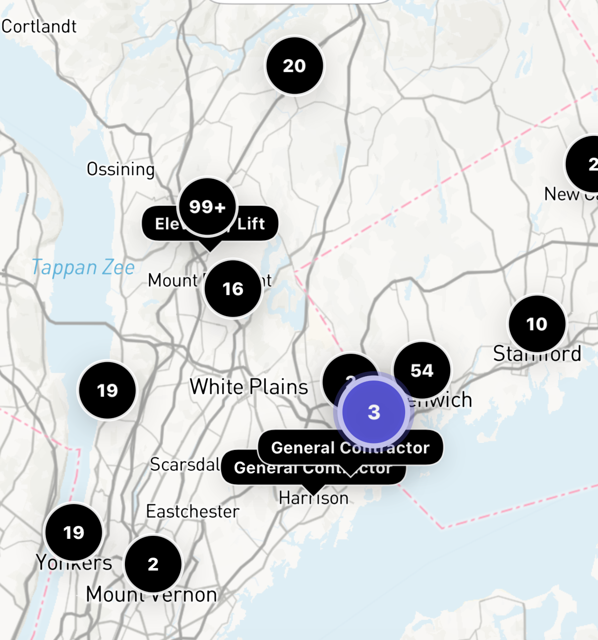 Map of open bids with cluster pins